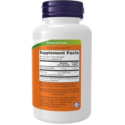 NOW Foods, Cat's Claw 500mg - 100 Capsule NOW Foods, Cat's Claw 500mg, pentru pentru susținerea sistemului imunitar și protecția antioxidantă